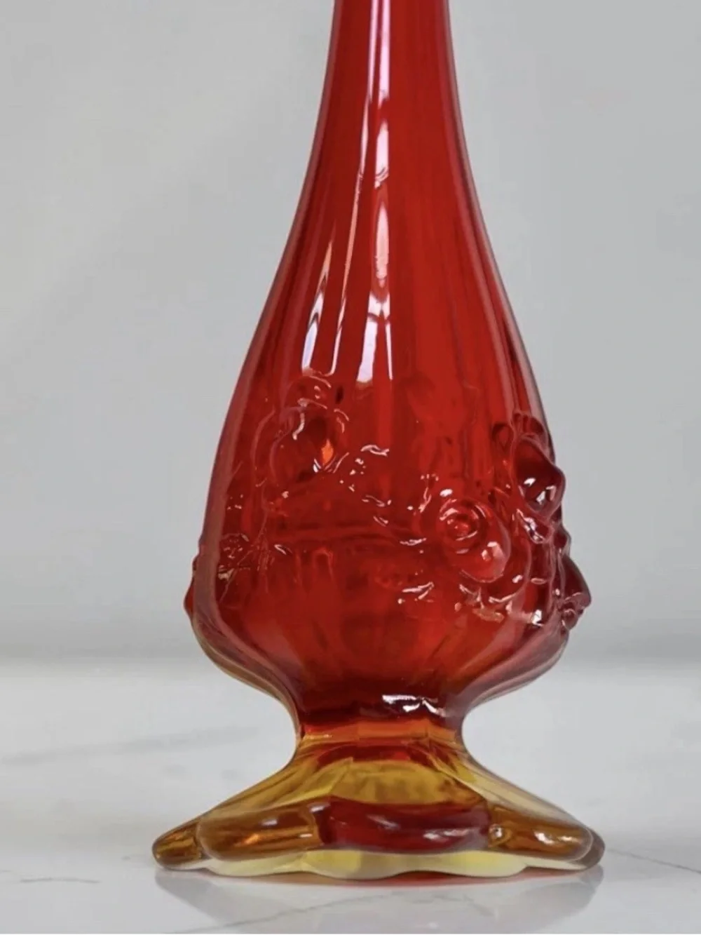 Vintage Mid Century Amberina Swung Glass Vase MCM Orange Floral